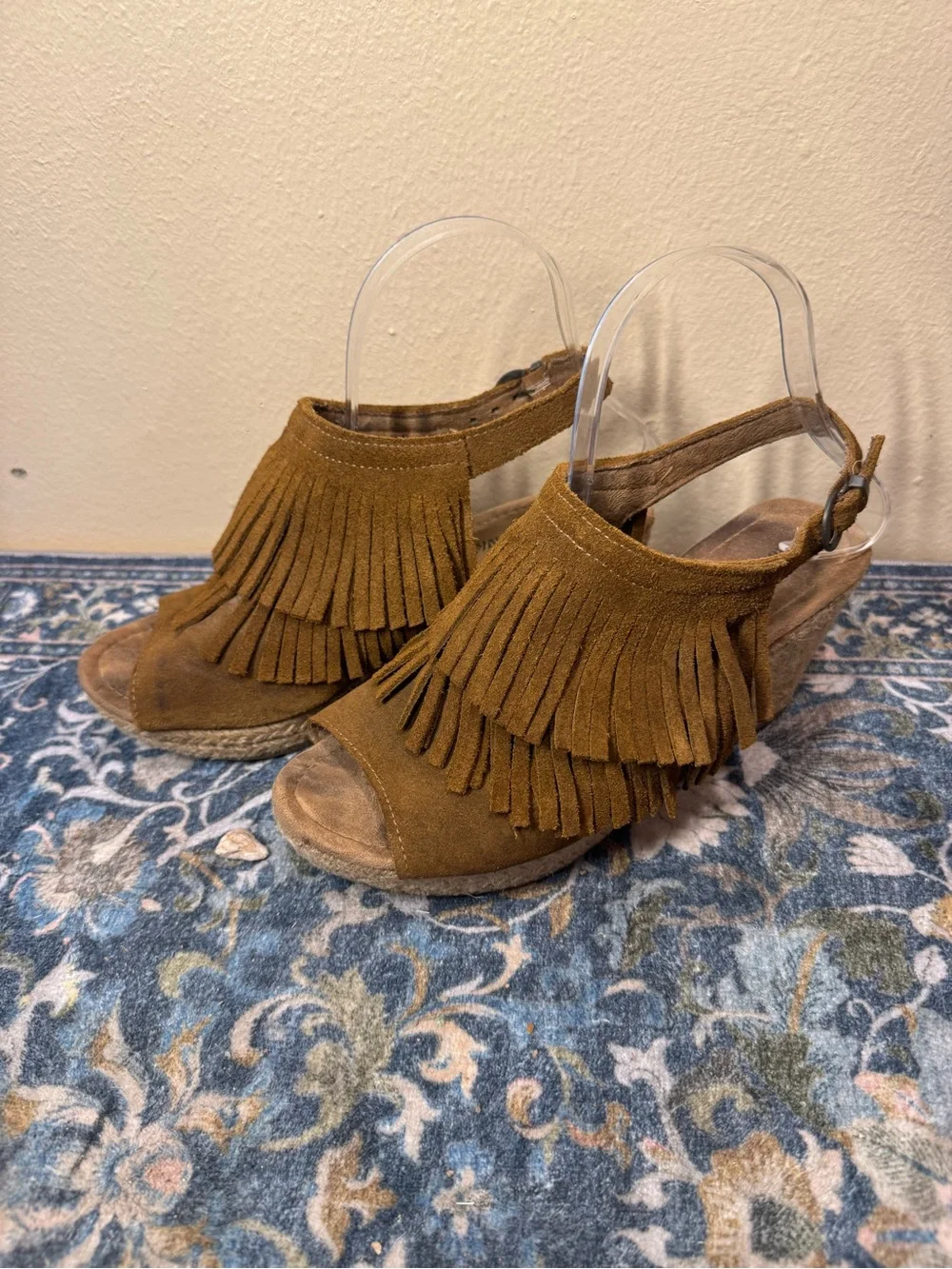 Minnetonka Suede Fringe Espadrille Wedges in Tan Brown